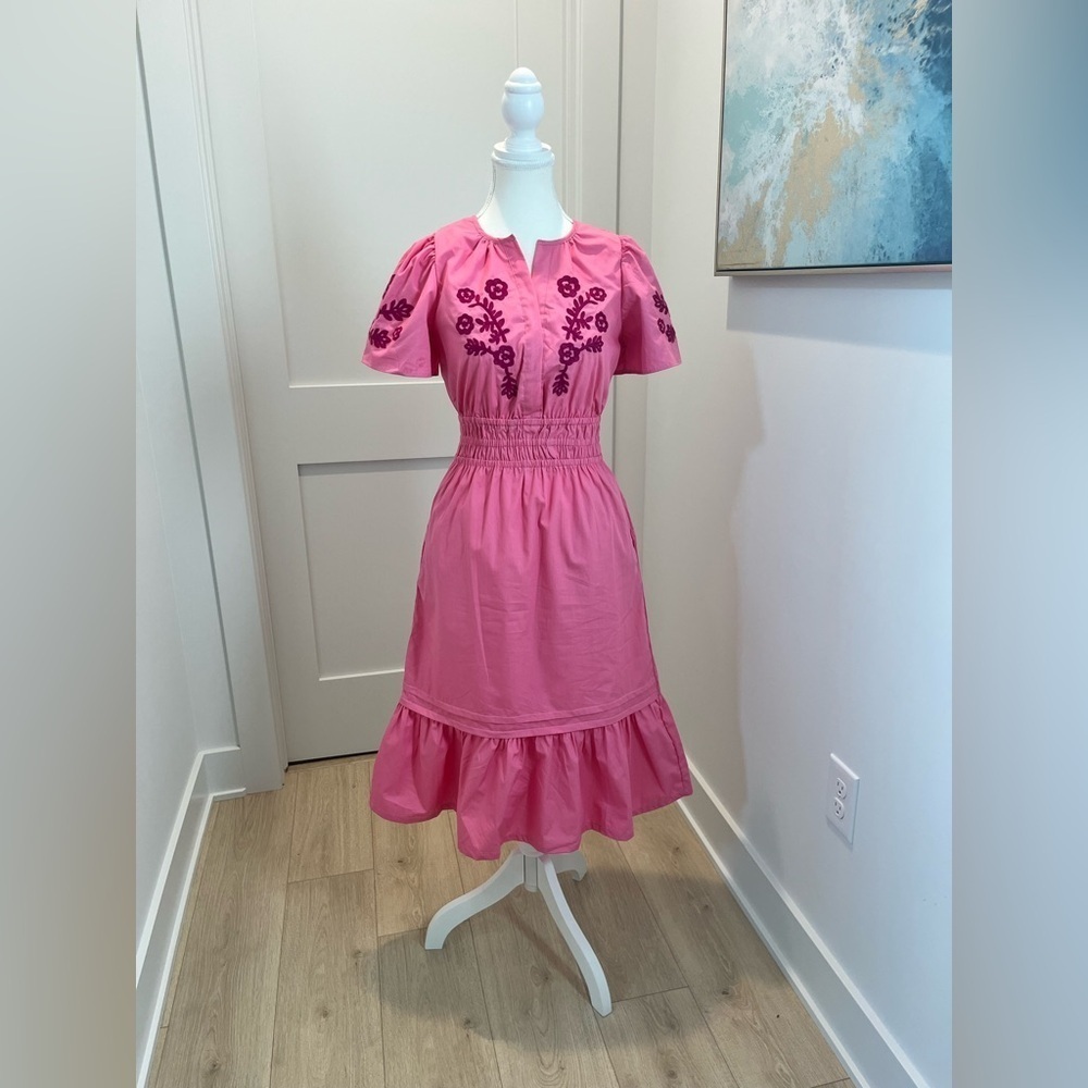 NEW French Connection Embroidered Tiered Puff-Sleeve Midi Dress Women's size XS - Picture 13 of 16
